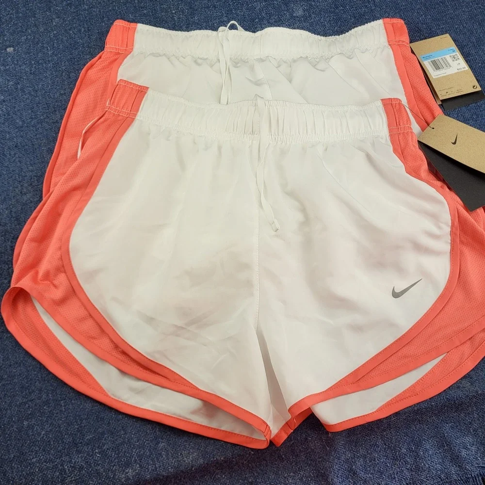 Nike Tempo Dri Fit Womens Med 2 pack White Coral 3 Inch Running Shorts NEW